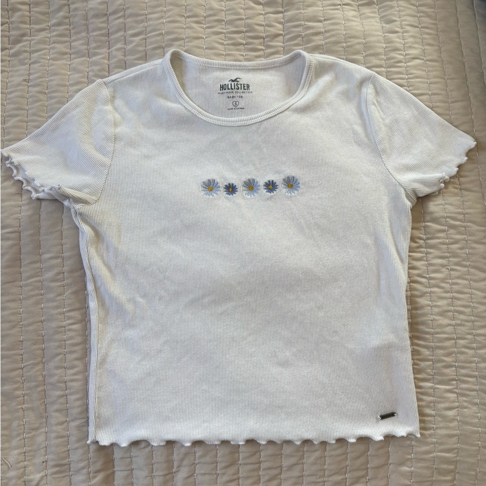 Hollister White Baby Tee Shirt with Floral Design